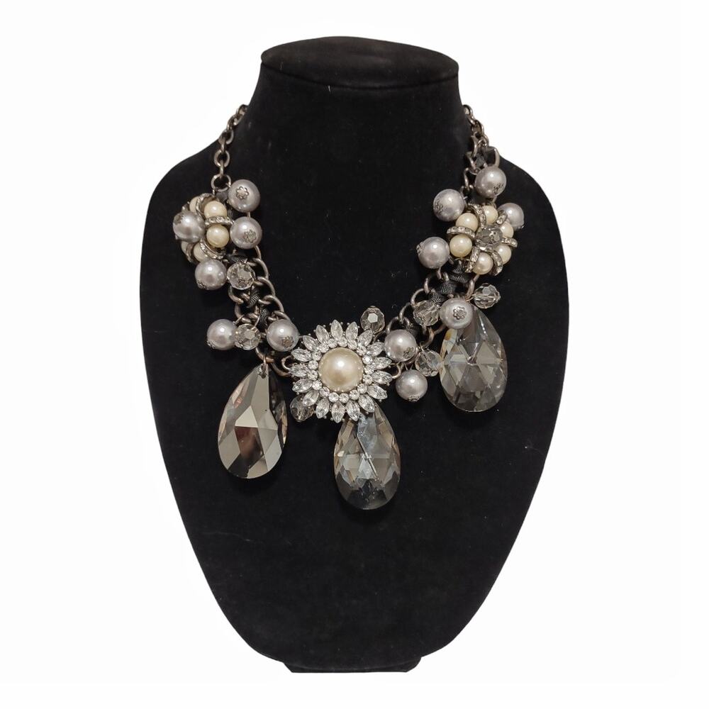 Chunky Statement Necklace Faux Smoky Crystal Teardrops Costume Jewelry Pearls
